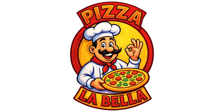 Logo von Pizza La Bella: ein Pizzabäcker mit Kochmütze hält eine Pizza